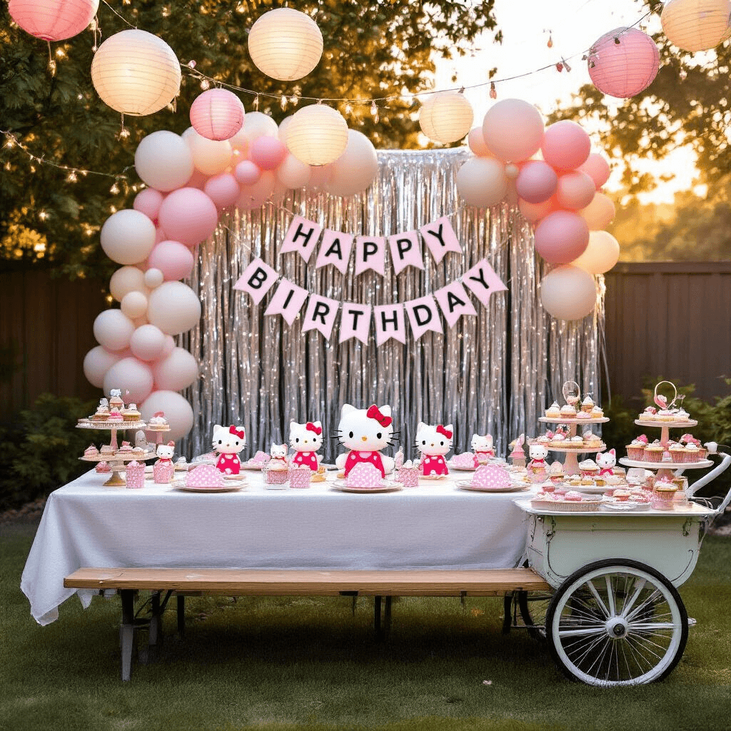 An enchanting backyard setup for a Hello Kitty themed cat birthday party at golden hour, featuring a picnic table with pink and white polka dot place settings, miniature Hello Kitty figurines, overhead lanterns and fairy lights, a backdrop of silver streamers and pastel balloons, and a vintage cart with cat-themed cupcakes and cookies, all illuminated by warm golden light.
