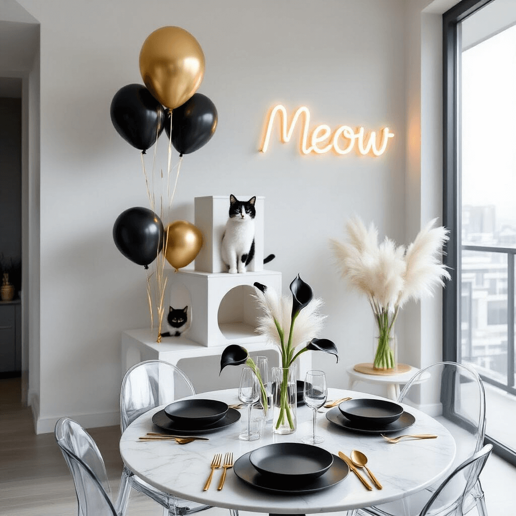 A modern cat birthday celebration in a sleek urban apartment featuring a geometric cat tree, gold balloons, and a 'Meow' neon sign, with a marble dining table set with black plates and gold cutlery, surrounded by pampas grass and calla lilies, captured from a high angle with natural light highlighting the space.