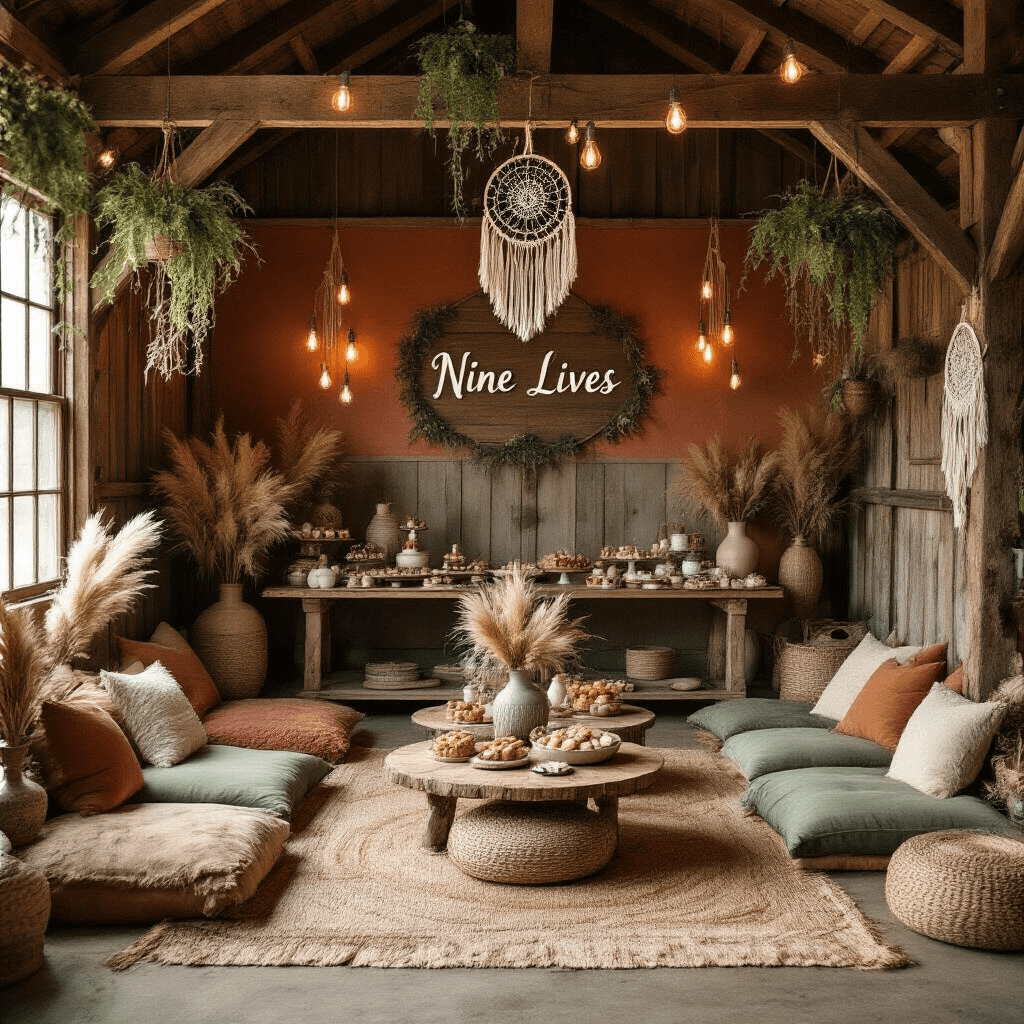 A cozy boho-inspired cat birthday celebration inside a rustic barn, featuring warm wood tones, plush floor cushions, macramé decor, hanging plants, and an artisanal cat treats dessert table under ambient lighting.