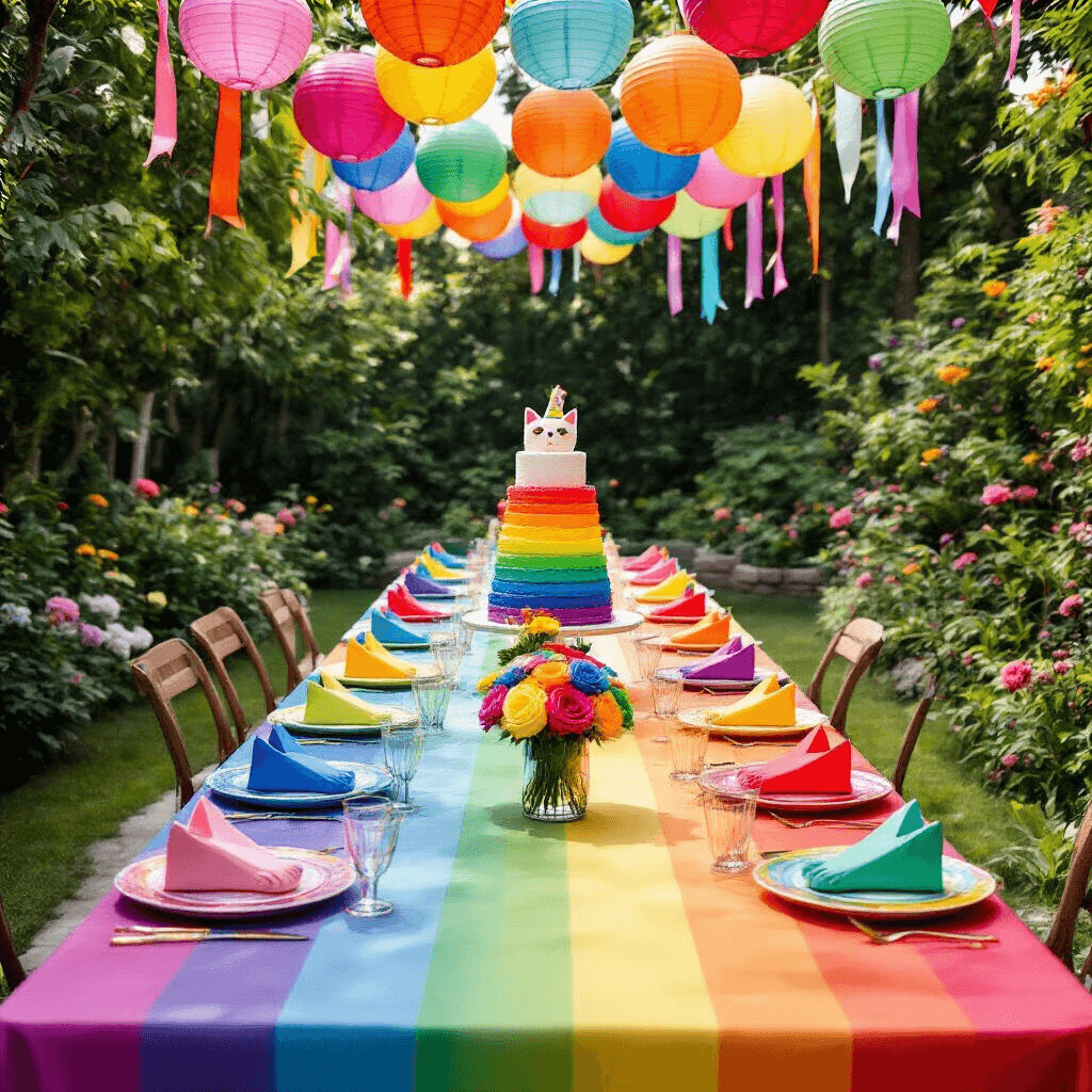 A vibrant outdoor cat birthday party in a lush garden, featuring a rainbow-themed banquet table, colorful plates with cat ear napkins, floral centerpieces of rainbow roses and catnip, and a festive canopy of paper lanterns, all under bright midday sun.