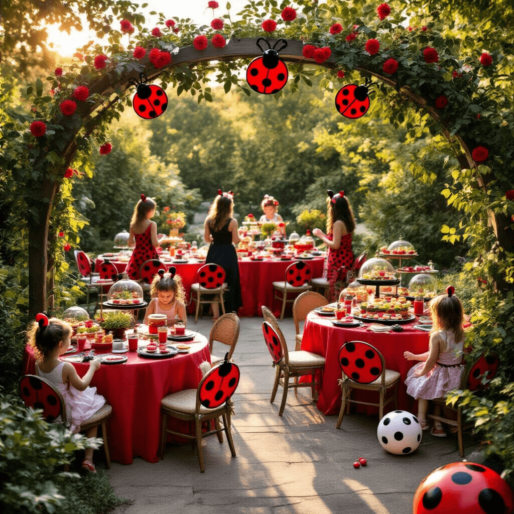 Ladybug Birthday Party: A Whimsical Celebration of Cuteness and Color A ladybug-themed garden party at golden hour featuring guests entering through a floral arbor, round tables in red and black polka dots, terrariums with plants and ceramic ladybugs, a dessert cart with red and black treats, and children playing lawn games, all bathed in warm golden light.