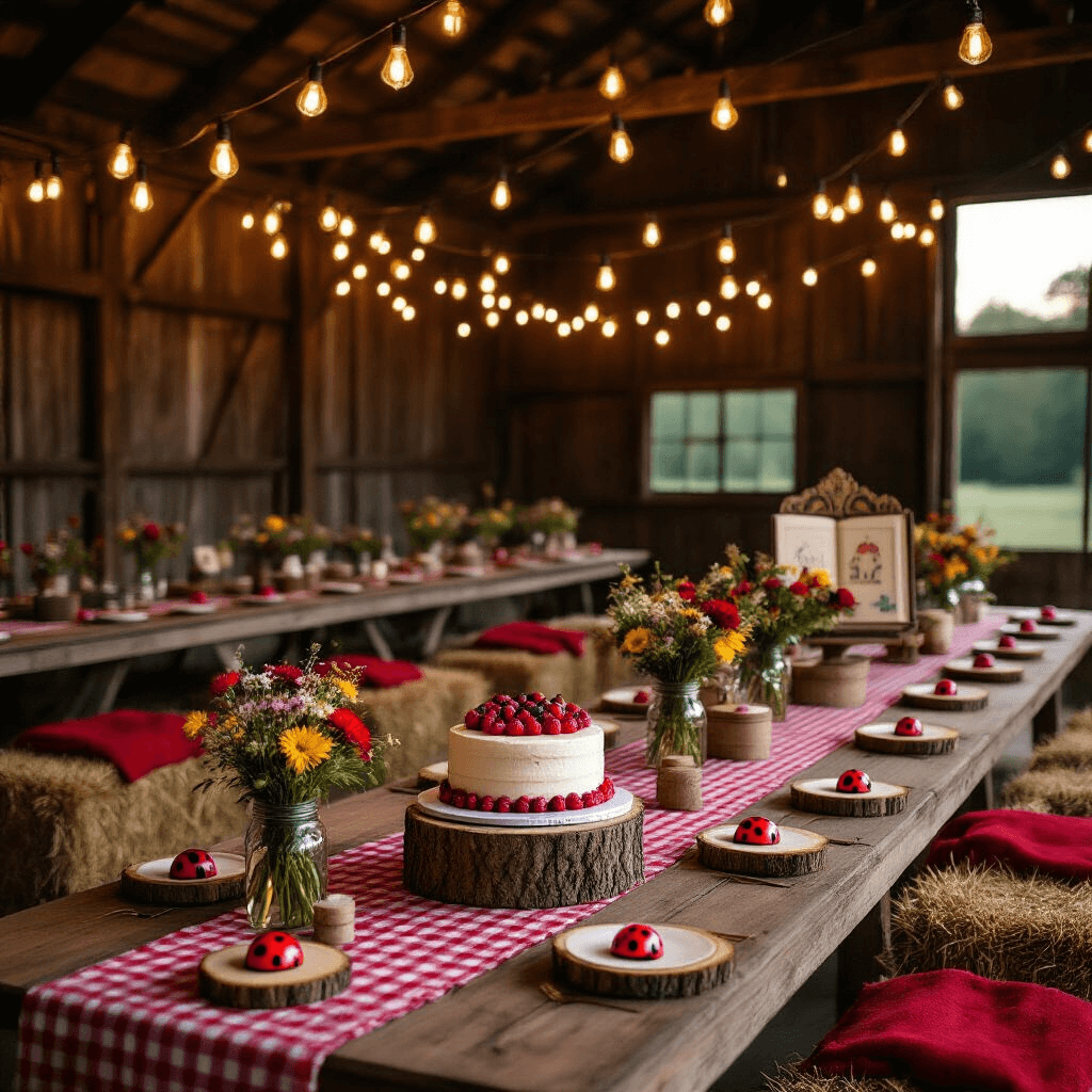 Ladybug Birthday Party: A Whimsical Celebration of Cuteness and Color A cozy barn decorated for a ladybug-themed birthday party at twilight, featuring Edison bulb lighting, long wooden tables with red gingham runners, wildflower mason jars, and a dessert table with a naked cake and ladybug macarons, surrounded by hay bales and a vintage storybook display.