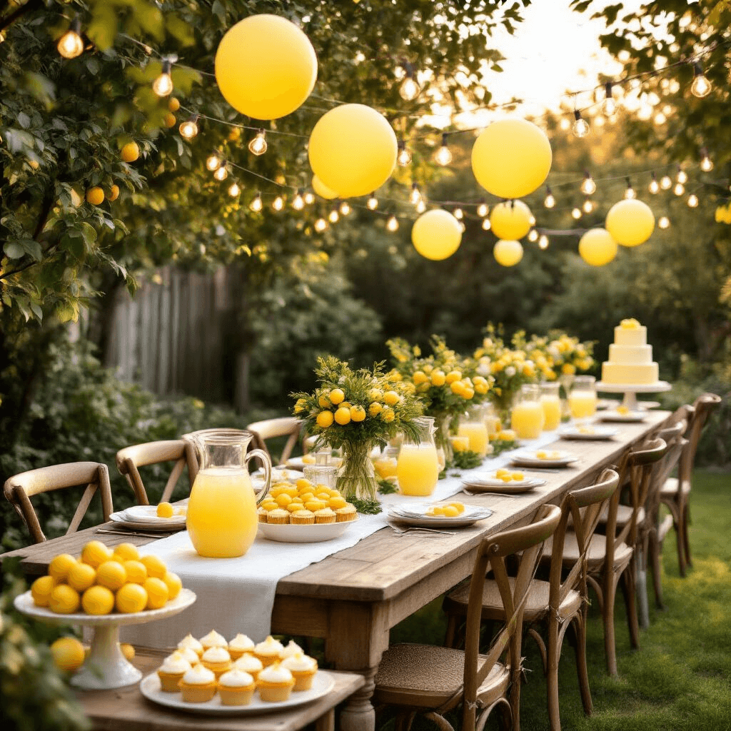 A sun-drenched backyard garden party featuring a long wooden table with a white linen runner, surrounded by vintage chairs, adorned with clusters of fresh lemons, greenery, and tall pitchers of lemonade, all under a canopy of warm fairy lights. A dessert cart brimming with lemon tarts, cupcakes, and a three-tier ombré cake adds to the whimsical atmosphere, enhanced by pastel yellow balloons swaying in the breeze.