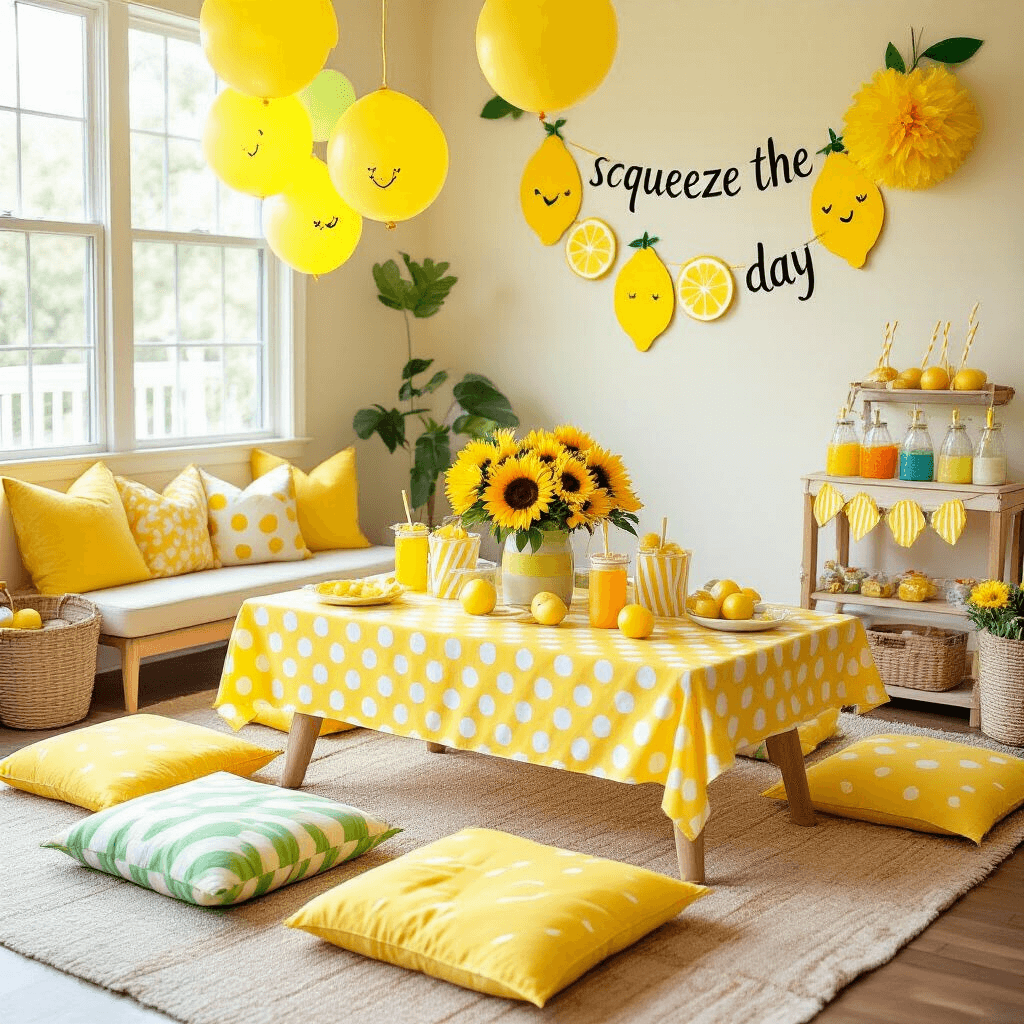 A cozy living room set up for a vibrant children's lemon-themed birthday party, featuring a low table with colorful cushions, a yellow polka dot tablecloth, oversized paper lemons, and sunflowers. Yellow balloons with lemon faces float above a DIY lemonade stand with striped straws. A hand-painted 'squeeze the day' banner and clusters of yellow and green tissue paper pom-poms decorate the wall.