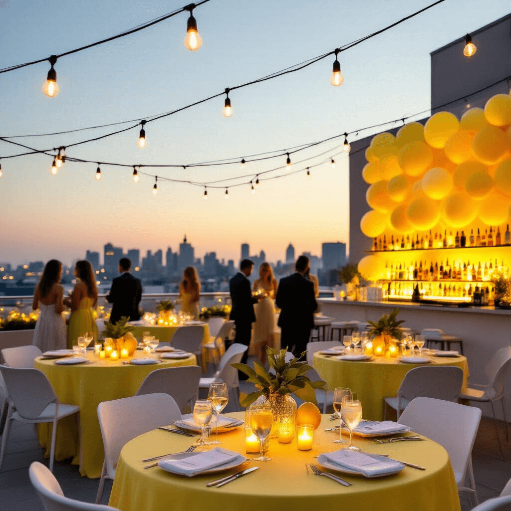 An elegant rooftop terrace adorned with lemon-themed decor for a summer soirée at twilight, featuring string lights, sleek white high-top tables with pale yellow linens, minimalist lemon centerpieces, a contemporary bar with citrus cocktails, and a backdrop of yellow and white balloons, as guests mingle against the city skyline.