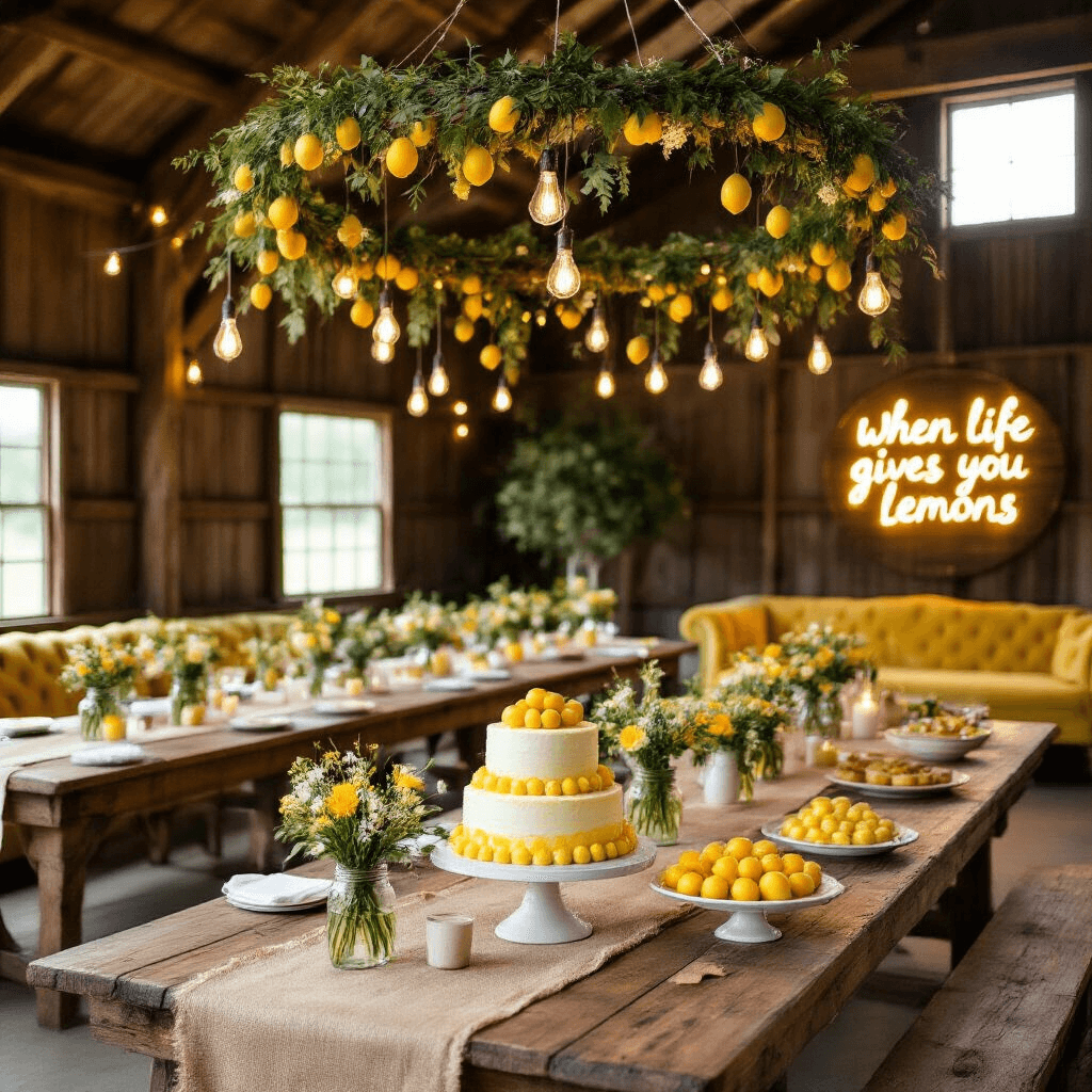 A rustic-chic lemon-themed wedding reception in a converted barn, featuring long wooden tables with burlap runners, mason jars with wildflowers and lemon slices, wooden hoops wrapped in greenery and fairy lights, a dessert table with a naked lemon cake and citrus treats, and a cozy lounge area with lemon-yellow sofas and a neon sign.