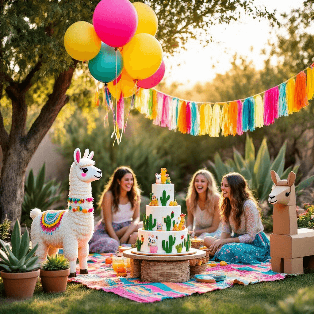 A whimsical backyard birthday party featuring llama-themed decor at golden hour, with colorful balloons, rainbow tassel garlands, a dessert table with a tiered cake, and guests enjoying the vibrant setting.