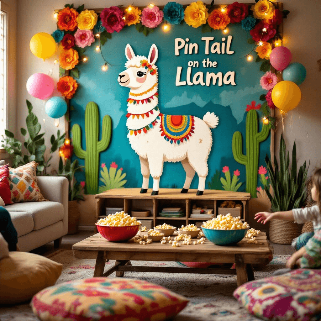 A cozy living room decorated for a 'Pin the Tail on the Llama' game, featuring a hand-painted llama mural, colorful tissue paper flowers, and cactus-shaped balloons, with a blindfolded child reaching out to pin a tail while friends cheer in the background, illuminated by warm fairy lights.