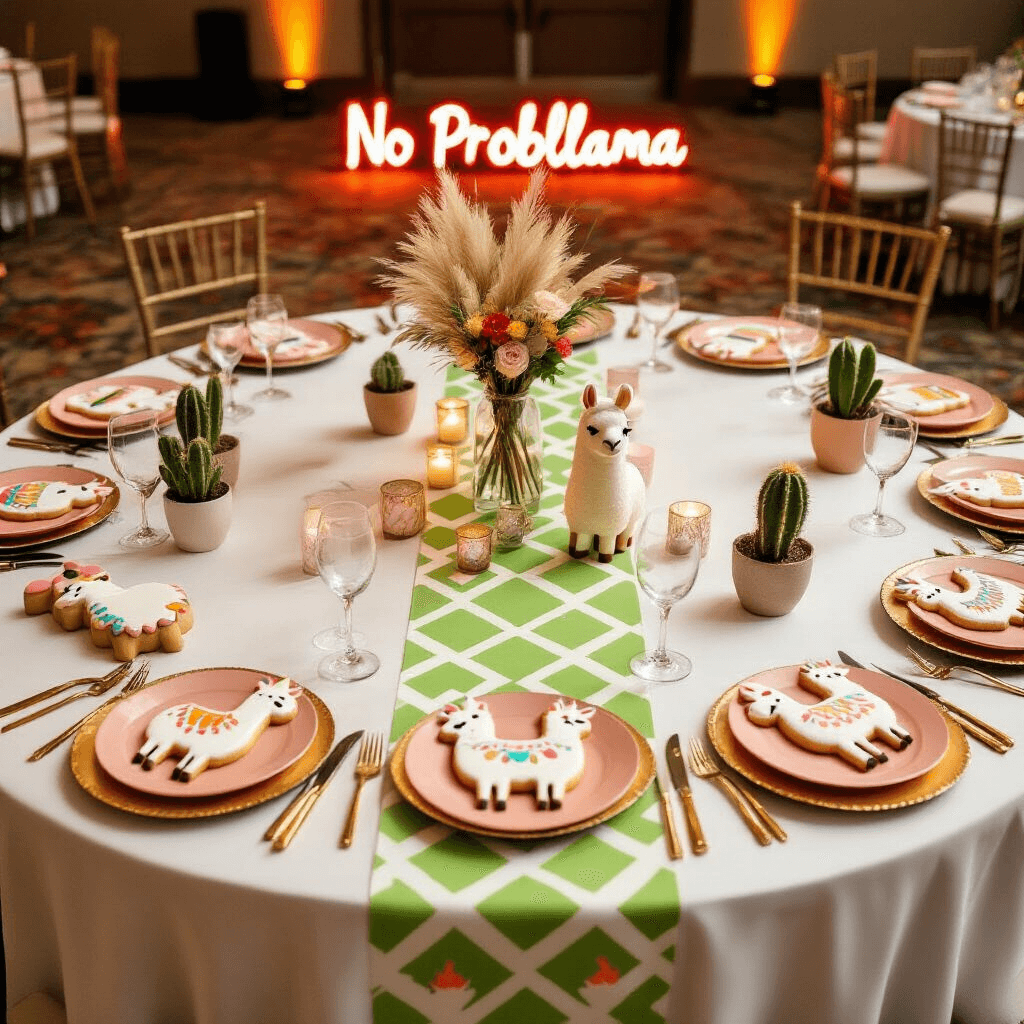 Overhead view of a llama-themed party table in an indoor ballroom, featuring a white linen tablecloth, a geometric llama print runner, gold chargers, blush pink plates, folded llama-shaped napkins, tall glass vase centerpieces with pampas grass, miniature potted cacti, personalized llama cookies as place cards, a neon 'No Probllama' sign, llama-shaped confetti, and tiny succulent favors for each guest.