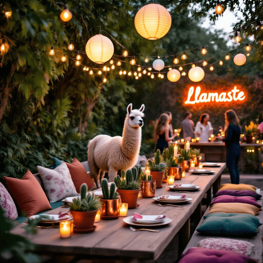 A whimsical adult llama-themed garden party at twilight with string lights, paper lanterns, and long farmhouse tables adorned with jewel-toned pillows. Centerpieces of terracotta pots with air plants and glowing candles. A DIY 'Llama Bar' cart featuring signature cocktails in copper mugs. Guests mingling by oversized paper flowers and a neon 'Llamaste' sign, all bathed in warm ambient lighting.