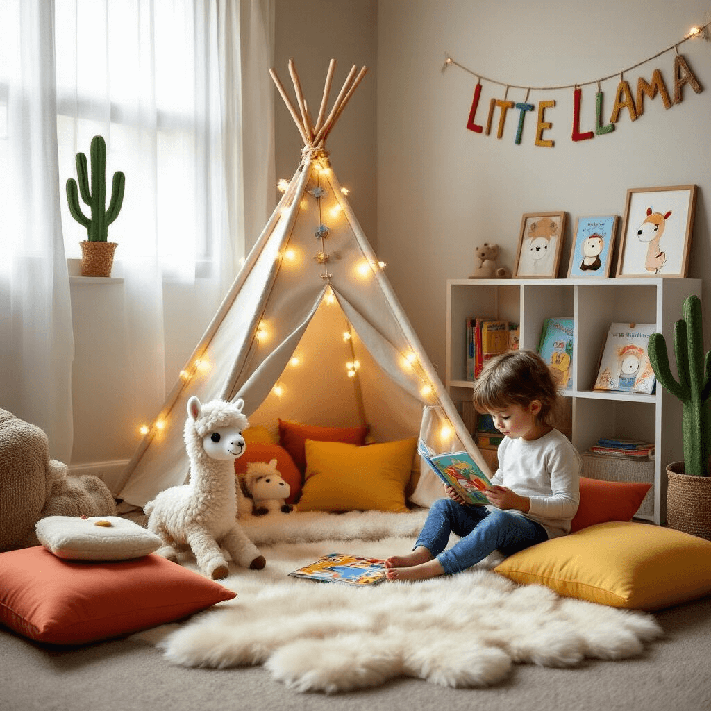 A cozy reading nook transformed into a 'Llama Land' fort features a teepee with fairy lights and plush llamas, surrounded by colorful floor pillows. A child is engrossed in an activity book on a fluffy rug, with llama storybooks and artwork nearby, all bathed in soft morning light.