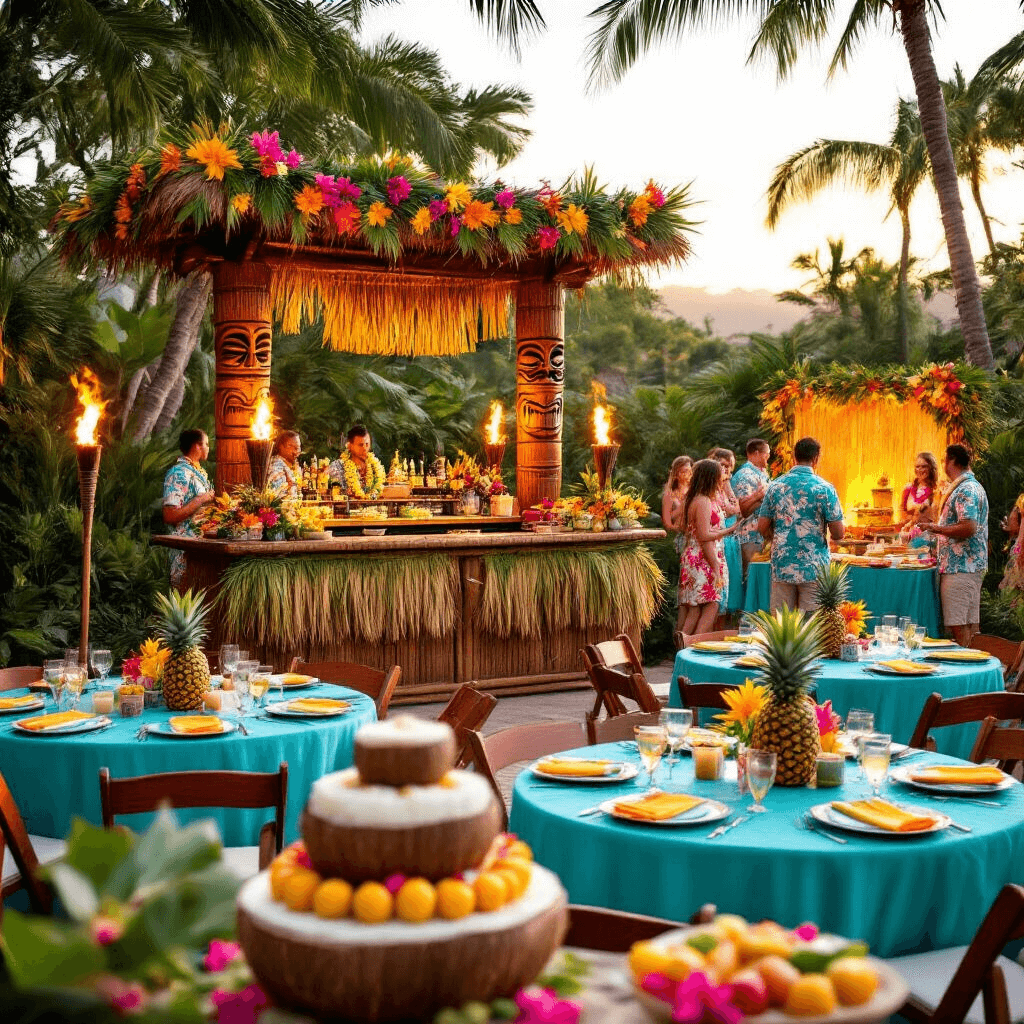 A vibrant backyard luau scene at golden hour featuring a large tiki bar with fresh flowers, turquoise-draped tables with pineapple centerpieces, tiki torches casting a warm glow, guests in Hawaiian shirts, and a dessert table with a tiered coconut cake.