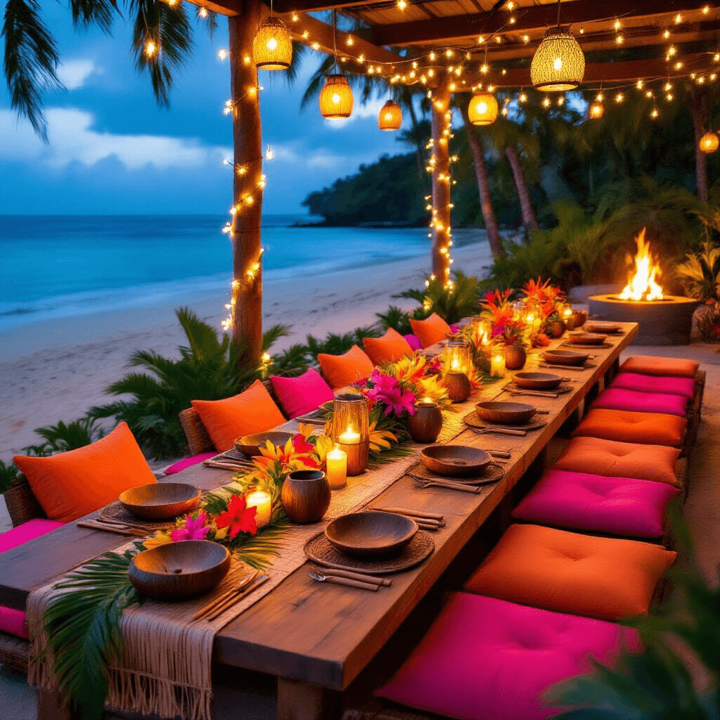 An intimate luau dinner setting on a beachfront patio, illuminated by fairy lights and lanterns. A long table adorned with vibrant cushions, tropical flower decor, and tiki mugs, with a fire pit nearby casting a warm glow on the sand.