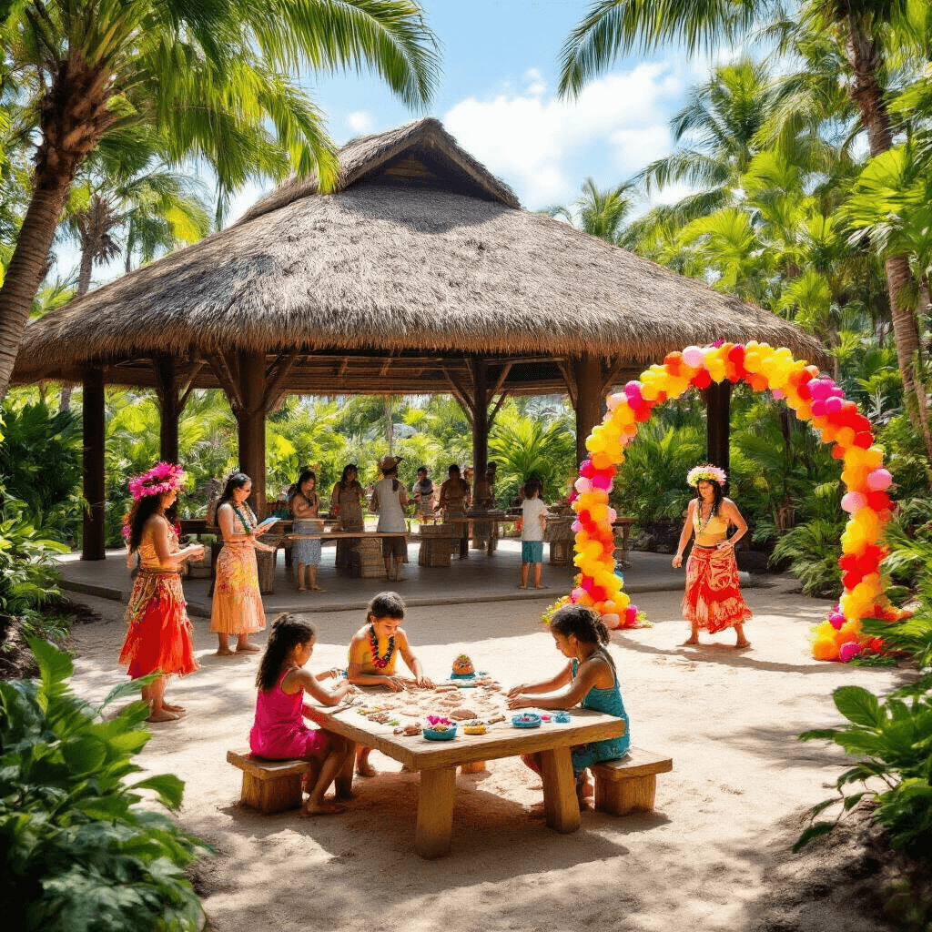A vibrant luau activity area in a sunlit garden featuring a grass-roofed pavilion with interactive stations, children making sand art at a seashell-adorned table, adults in a hula lesson, and a lively limbo contest under a floral arch, enhanced by colorful balloon bouquets.