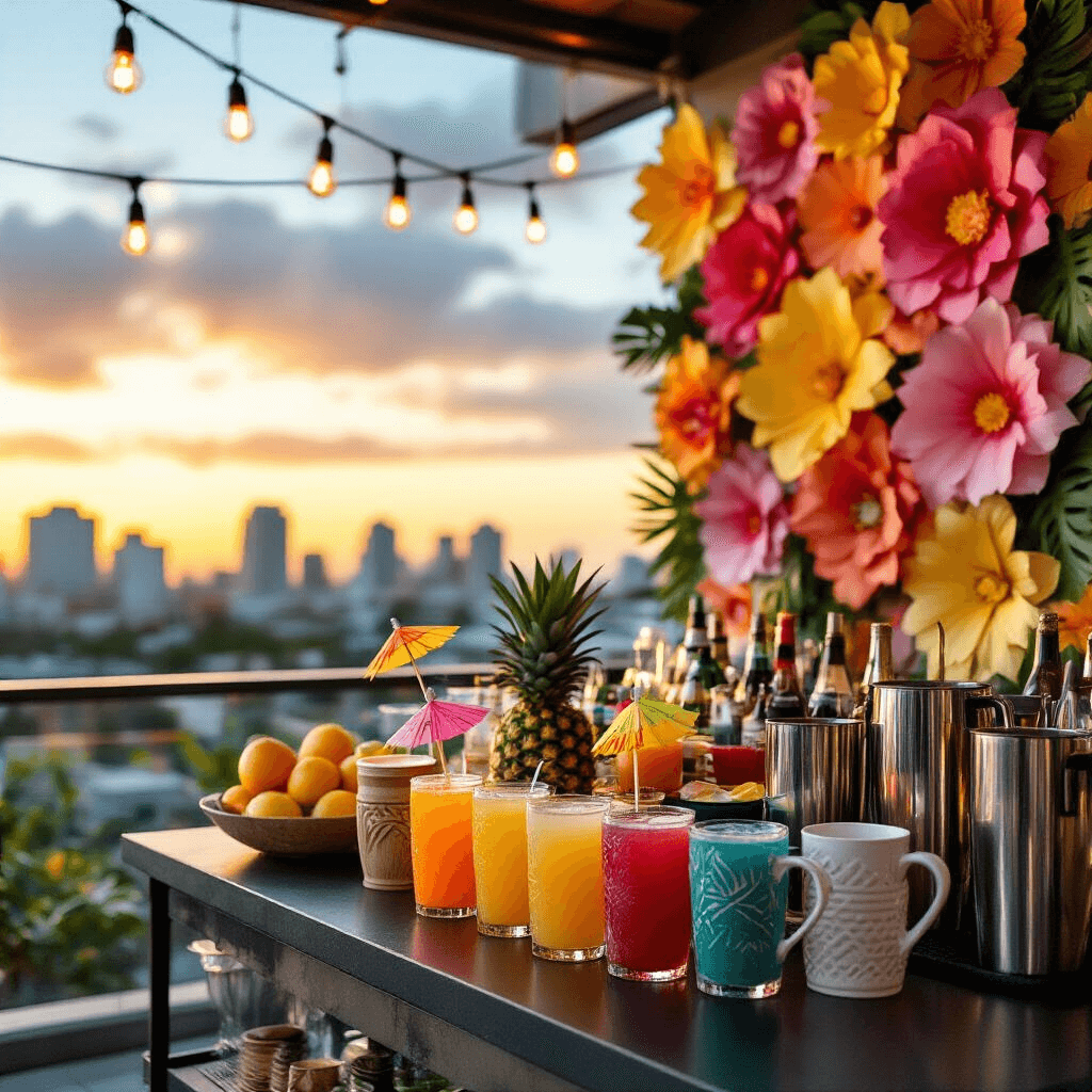 A stylish luau cocktail setup on a modern rooftop terrace at sunset, featuring a sleek bar cart with tropical fruits, colorful syrups, tiki mugs, and decorative umbrellas, surrounded by oversized paper flowers in ombre shades and city skyline views.