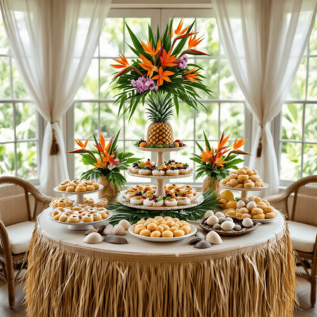 A whimsical luau-themed dessert display in a sunroom features a round table draped in a grass skirt, showcasing a pineapple-shaped cake, coconut macaroons, fruit tarts, and chocolate seashells, accented by colorful floral arrangements and personalized wooden name tags, with sheer curtains and rattan furniture enhancing the island vibe.