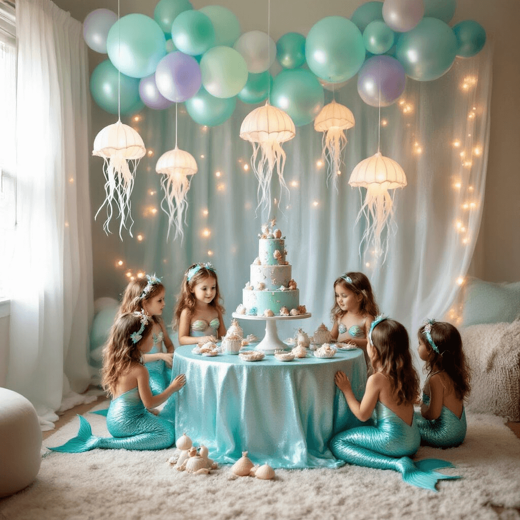 Magical Mermaid Birthday Party: The Ultimate Guide to an Underwater Celebration A whimsical mermaid-themed birthday party in a sunlit living room with iridescent pastel balloon garlands, a shimmery aqua tablecloth, a tiered cake decorated with fondant seashells, handmade jellyfish lanterns, and children in mermaid tail costumes gathered around a treasure hunt on the carpet, all enhanced by twinkling fairy lights behind sheer curtains.