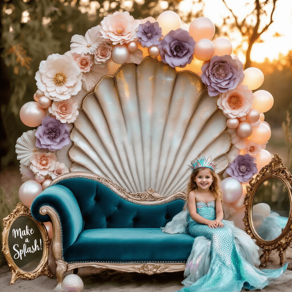 Magical Mermaid Birthday Party: The Ultimate Guide to an Underwater Celebration A whimsical mermaid-themed photo booth corner at golden hour, featuring a seashell and driftwood backdrop with metallic highlights, a teal velvet chaise lounge draped with a mermaid tail blanket, oversized paper flowers, and a vintage gold mirror with 'Make a Splash!' calligraphy, while a smiling child wears a glittery mermaid crown.
