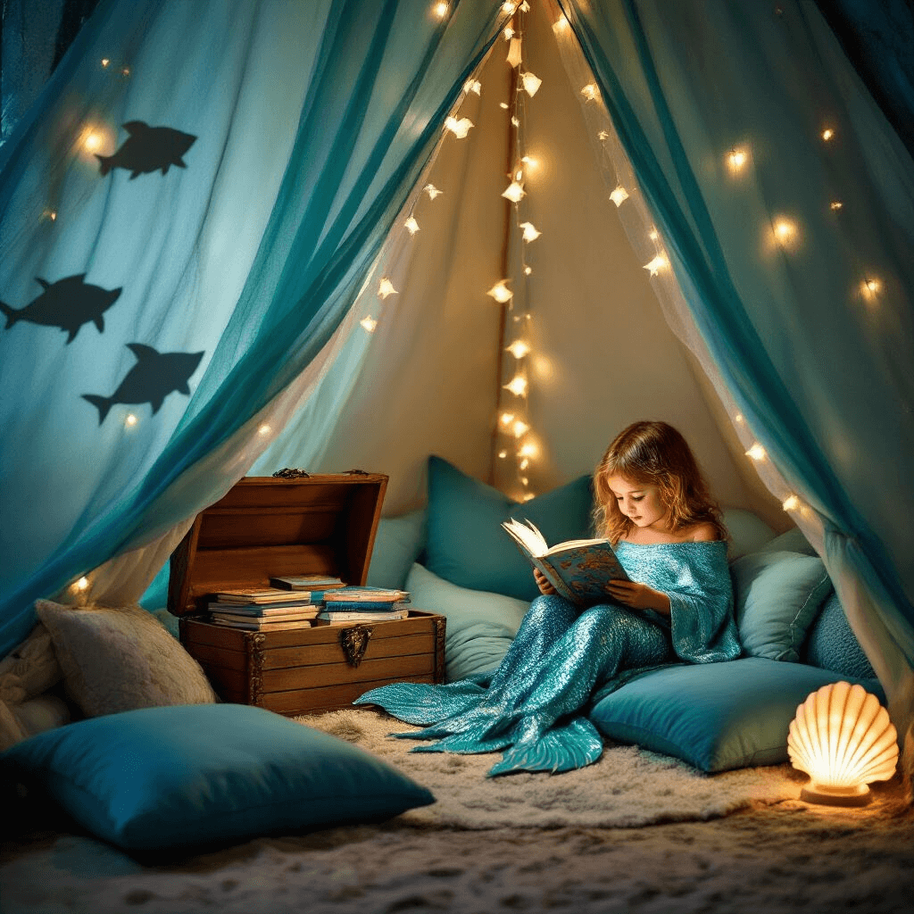 Magical Mermaid Birthday Party: The Ultimate Guide to an Underwater Celebration An enchanting nighttime scene of a mermaid party's cozy reading nook inside a teepee-style tent, decorated with twinkling lights and aqua fabric. Plush cushions in shades of blue and green surround a treasure chest overflowing with mermaid storybooks, while a child wrapped in a sequined mermaid blanket reads under a seashell lamp's soft glow. Shadows of paper fish dance on the tent walls from a nearby projector.