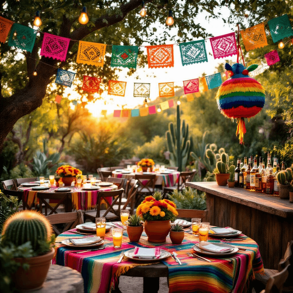 A vibrant outdoor Mexican fiesta in a lush garden at golden hour, featuring round tables with colorful serape runners, terracotta centerpieces of marigolds and succulents, papel picado banners fluttering overhead, a piñata hanging from a tree, and a rustic wooden bar with tequilas and fresh fruit for margaritas, all illuminated by soft string lights.