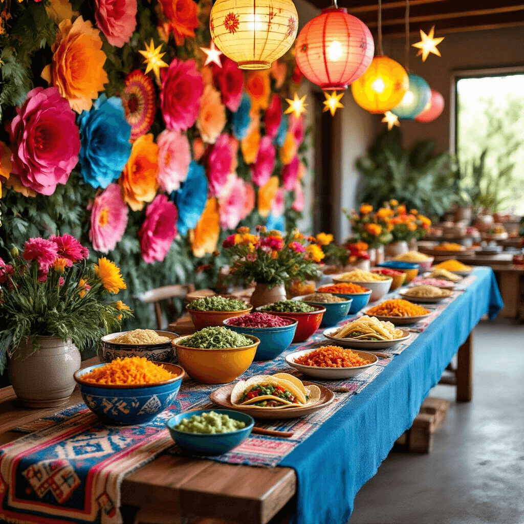 A vibrant indoor taco bar setup featuring a long farmhouse table with a blue tablecloth and woven serape runner, adorned with handmade paper flowers in pink, orange, and yellow, colorful ceramic bowls of taco toppings, traditional Mexican tiles, and overhead paper lanterns providing a warm glow.