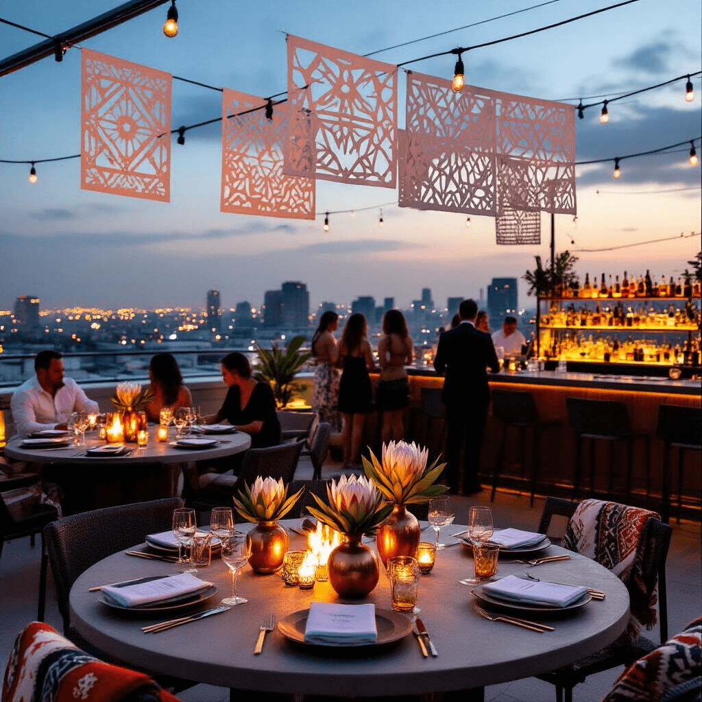 A chic rooftop terrace at twilight set for a sophisticated Mexican fiesta, featuring sleek high-top tables with minimalist protea centerpieces, modern papel picado decorations, a mezcal and tequila bar, guests mingling around a fire pit, and cozy serape blankets.