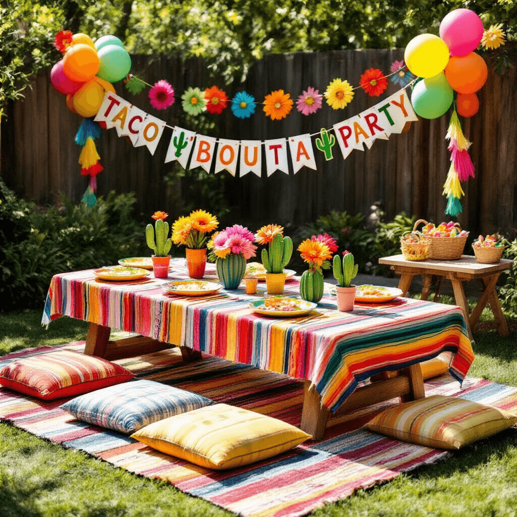 A vibrant backyard scene for a kids' Mexican fiesta birthday, featuring a picnic-style low table adorned with a striped tablecloth, colorful floor cushions, paper flower centerpieces, and cactus-shaped plates. A festive 'Taco 'Bout a Party' banner hangs on a decorated fence, with balloon garlands in bright colors. Nearby, a piñata station with blindfolds and treats is set up, all captured in natural light to highlight the playful details.