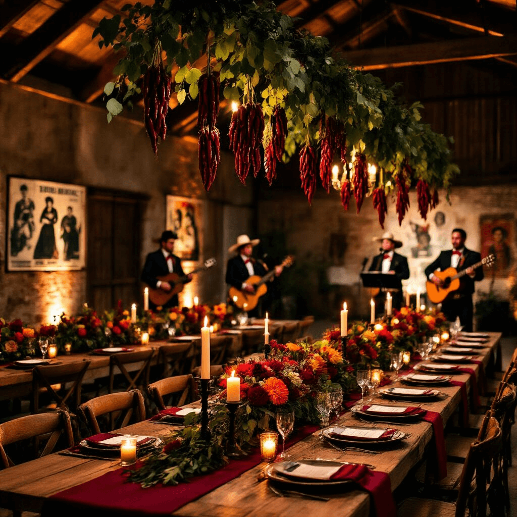 An elegant evening Mexican-inspired celebration in a rustic barn with long wooden tables, red table runners, pillar candles, lush eucalyptus and flower garlands, dried chilis and corn husks hanging installations, a mariachi band on a stage with vintage movie posters, and warm moody lighting creating a cozy atmosphere.