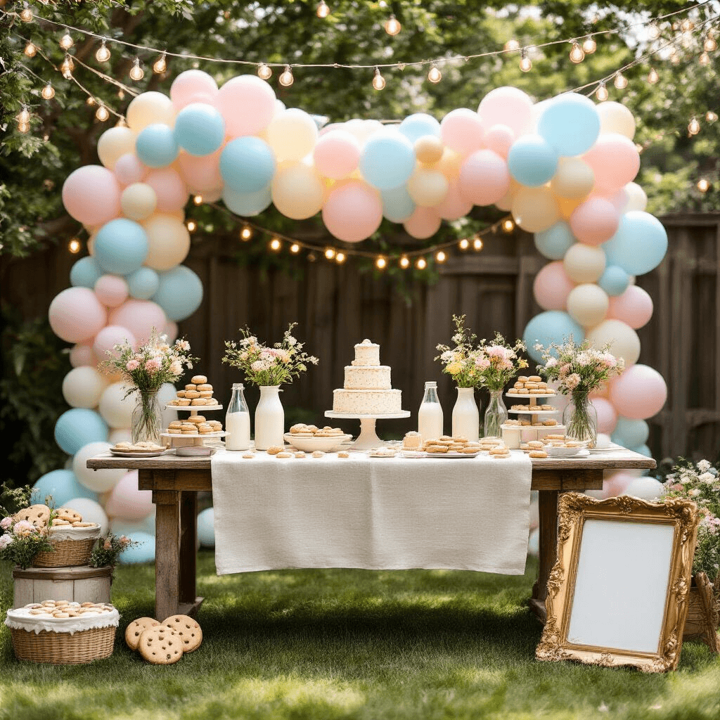 A whimsical backyard scene featuring a rustic table with a cream linen cloth, vintage milk bottles with wildflowers, tiered cookie stands, pastel balloons overhead, and a DIY photo booth with a gold frame and cookie/milk props.