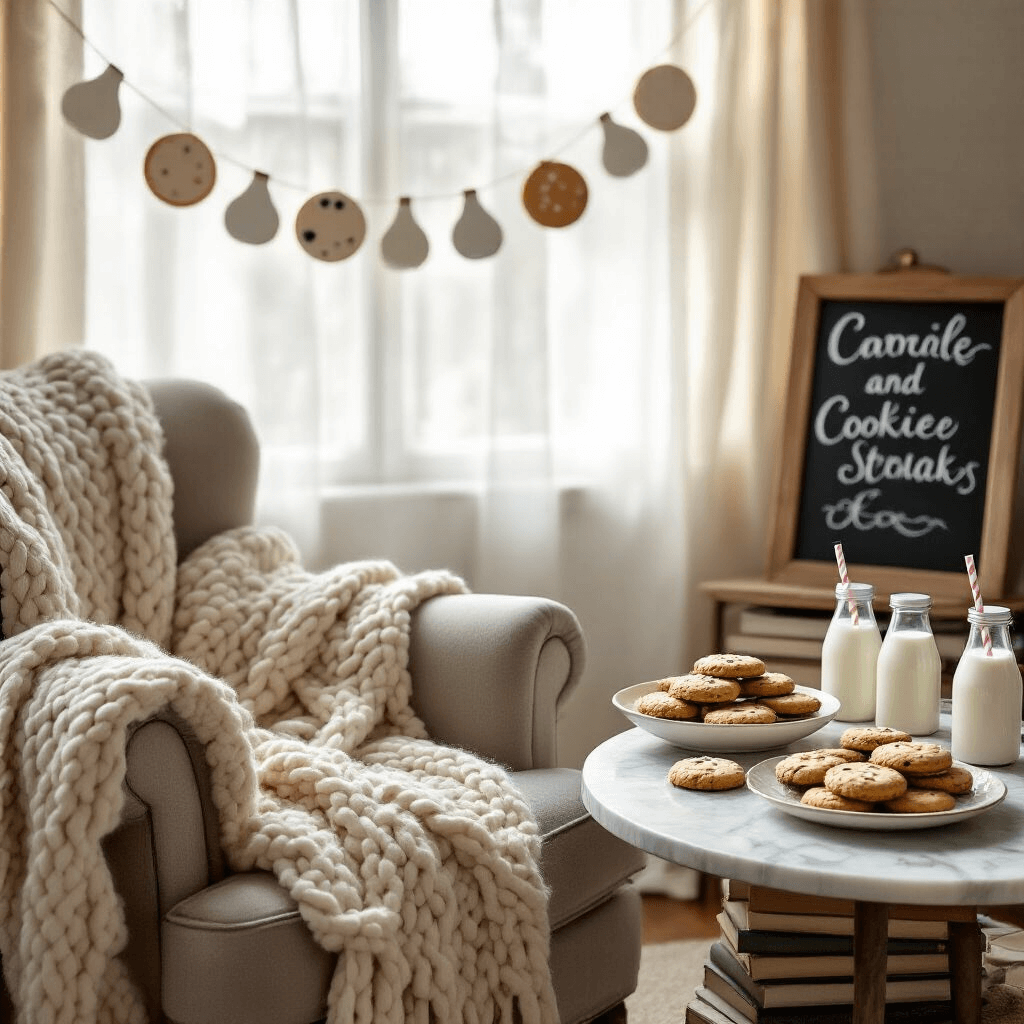 A cozy reading nook in a sunlit living room featuring a plush armchair with a knit throw, a marble lazy Susan table displaying an array of cookies and mini milk bottles, and a hand-lettered chalkboard sign beside stacked vintage books, all decorated with a garland of paper cookies and felt milk drops.