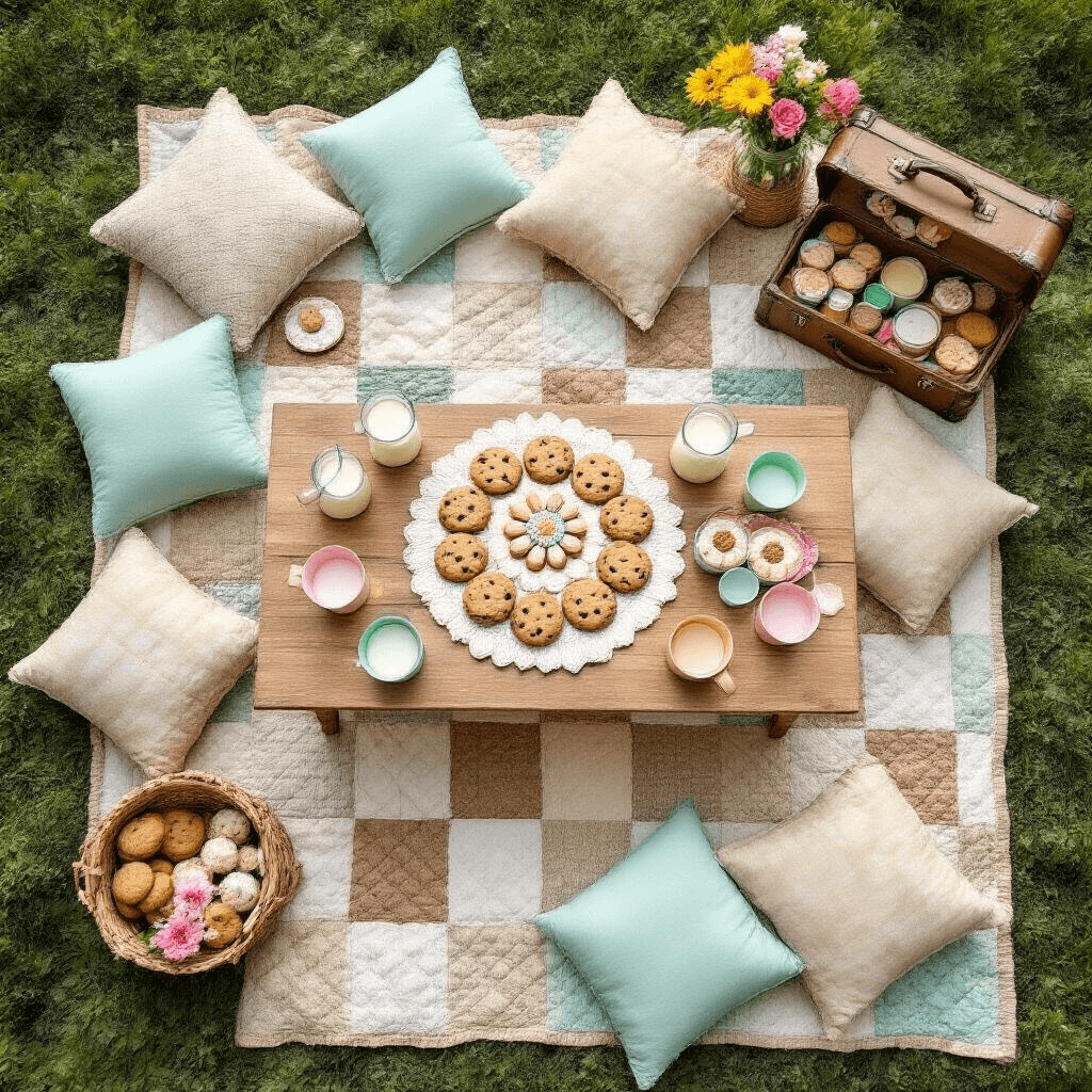 Overhead view of an outdoor picnic setup featuring a patchwork quilt, oversized cushions, a low wooden table with a mandala of cookies, glass milk pitchers, colorful paper cups, woven baskets with treats, mason jars of flowers, and a vintage suitcase for favors.