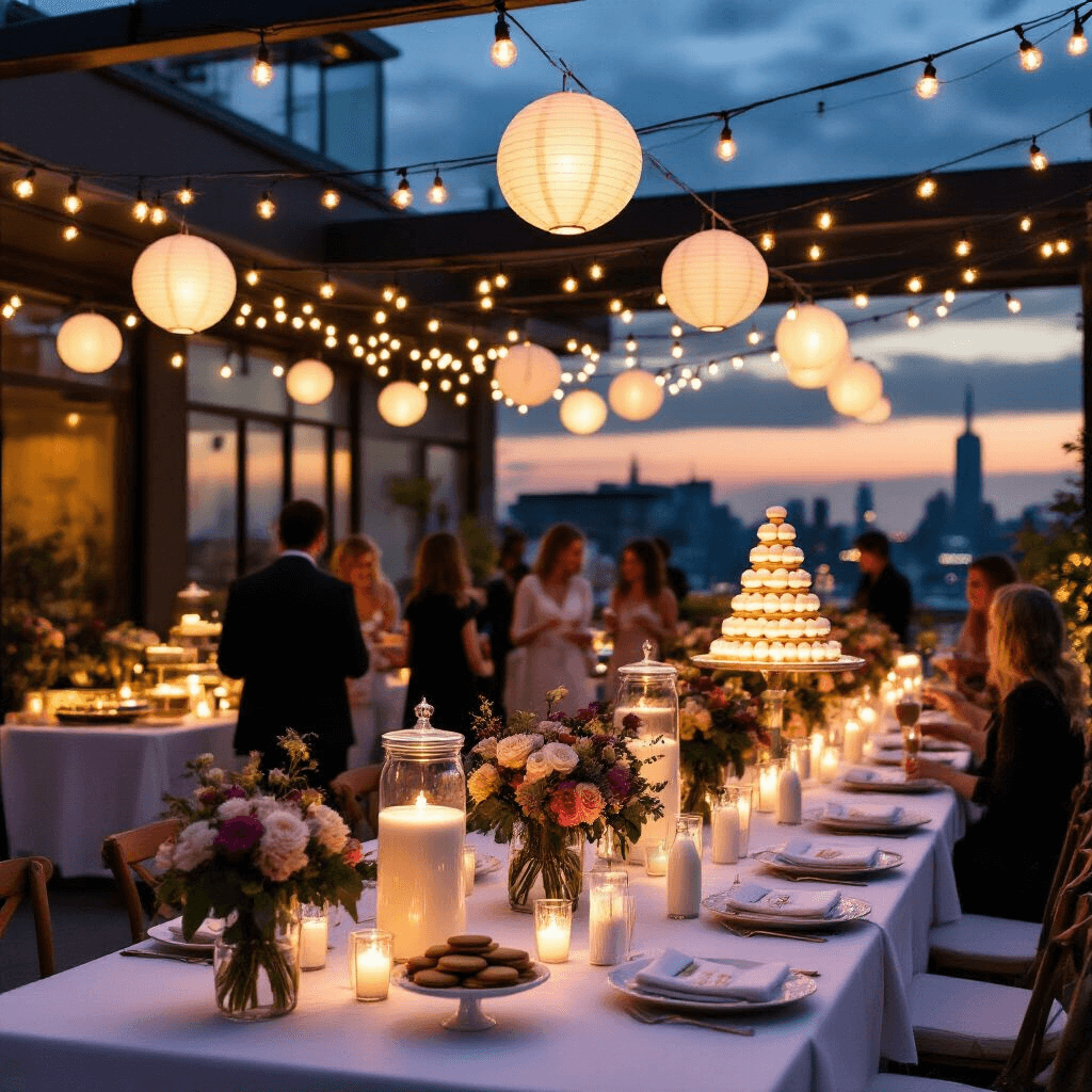 Cinematic twilight view of a stylish rooftop terrace set for an elegant milk and cookies soirée, featuring string lights, long tables with white linens, illuminated cookie centerpiece stacks, floral arrangements, a dessert cart with a macaron tower and milk fountain, and guests with personalized milk bottle glasses.