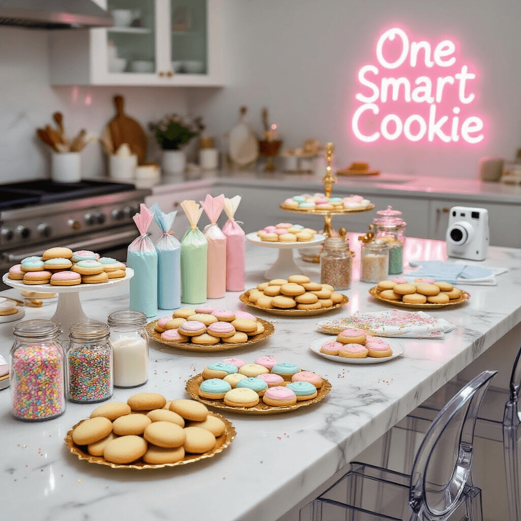 A modern cookie decorating station featuring a marble island adorned with cookies on gold-rimmed platters, colorful frosting piping bags, elegant jars of sprinkles, and a neon sign reading 'One Smart Cookie,' all set in a minimalist kitchen with custom aprons hanging from lucite chairs and a Polaroid camera nearby.