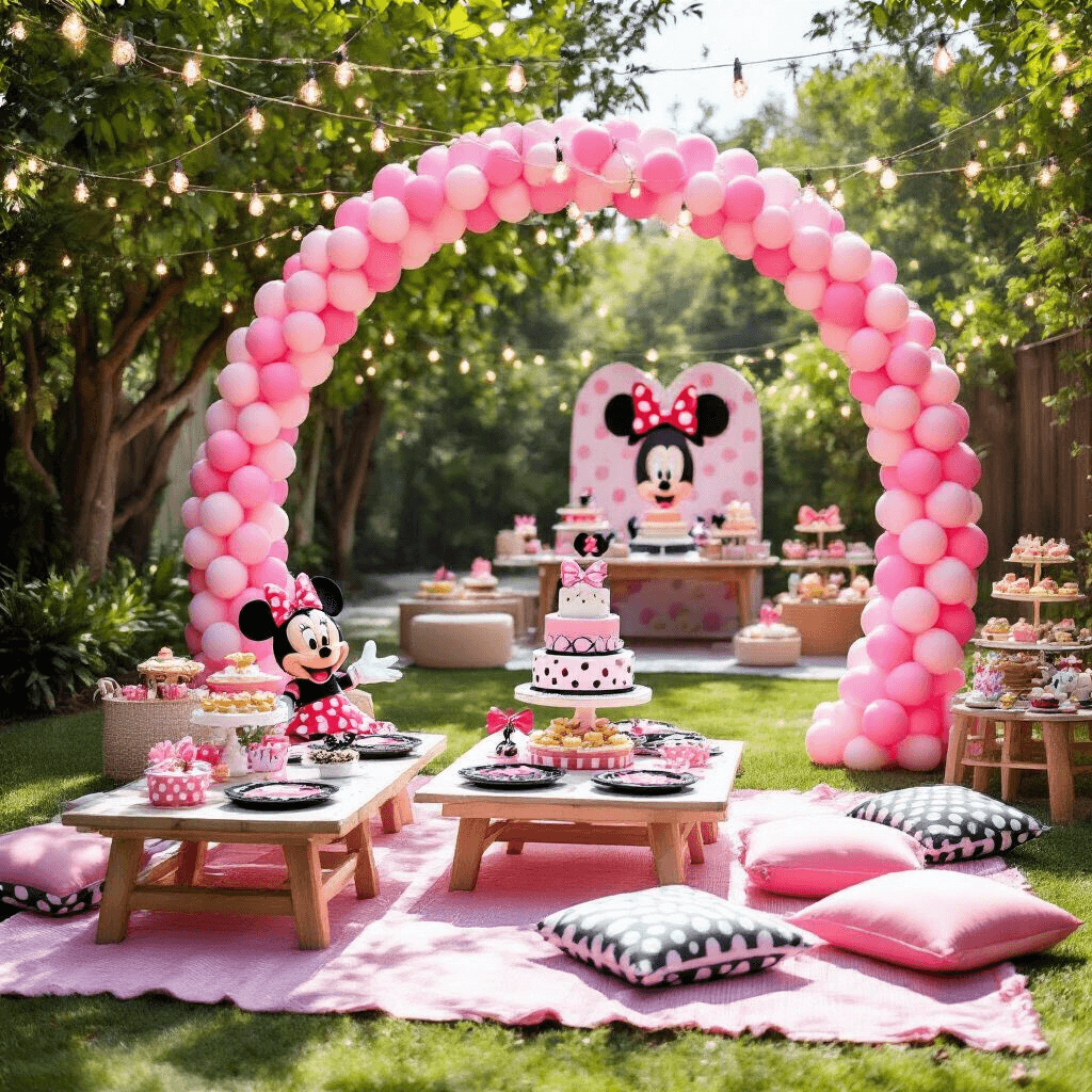 A vibrant Minnie Mouse themed birthday party in a sunlit backyard, featuring a polka dot balloon arch, picnic area with low tables and cushions, pink linens, themed desserts, and a DIY photo booth with Minnie ears backdrop, all under glowing fairy lights.