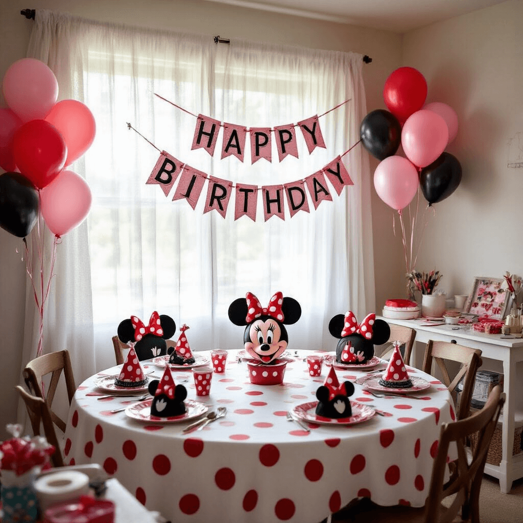 Cozy living room decorated for a Minnie Mouse birthday celebration, featuring a round table with a polka dot tablecloth, Minnie-shaped place settings, a 'Happy Birthday' banner, balloons, and a craft station for bow-making, all softly lit by morning light.