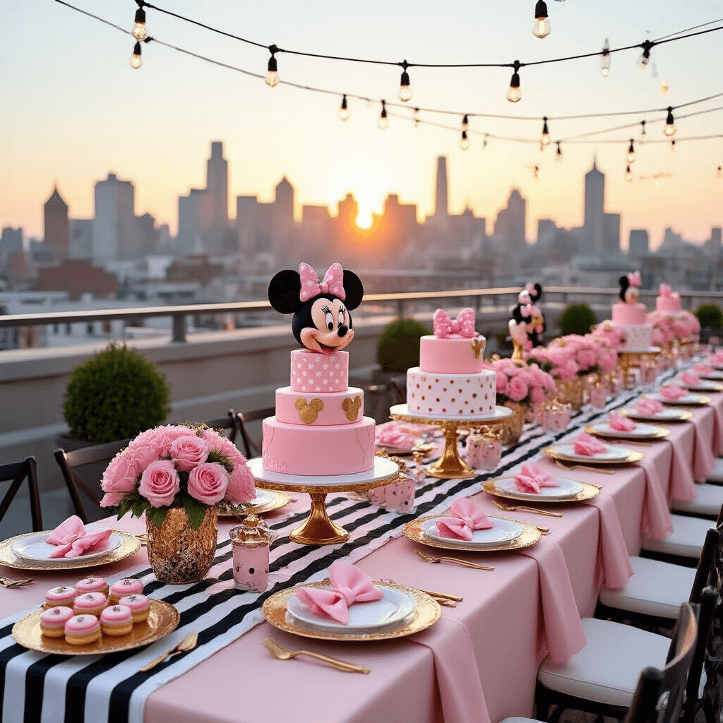 A sophisticated Minnie Mouse inspired sweet sixteen rooftop terrace at golden hour, featuring blush pink and black striped table settings, gold chargers, and polka dot plates, with pink rose centerpieces and Mickey-shaped topiaries, along with a geometric pink and gold cake, all set against a stunning city skyline.