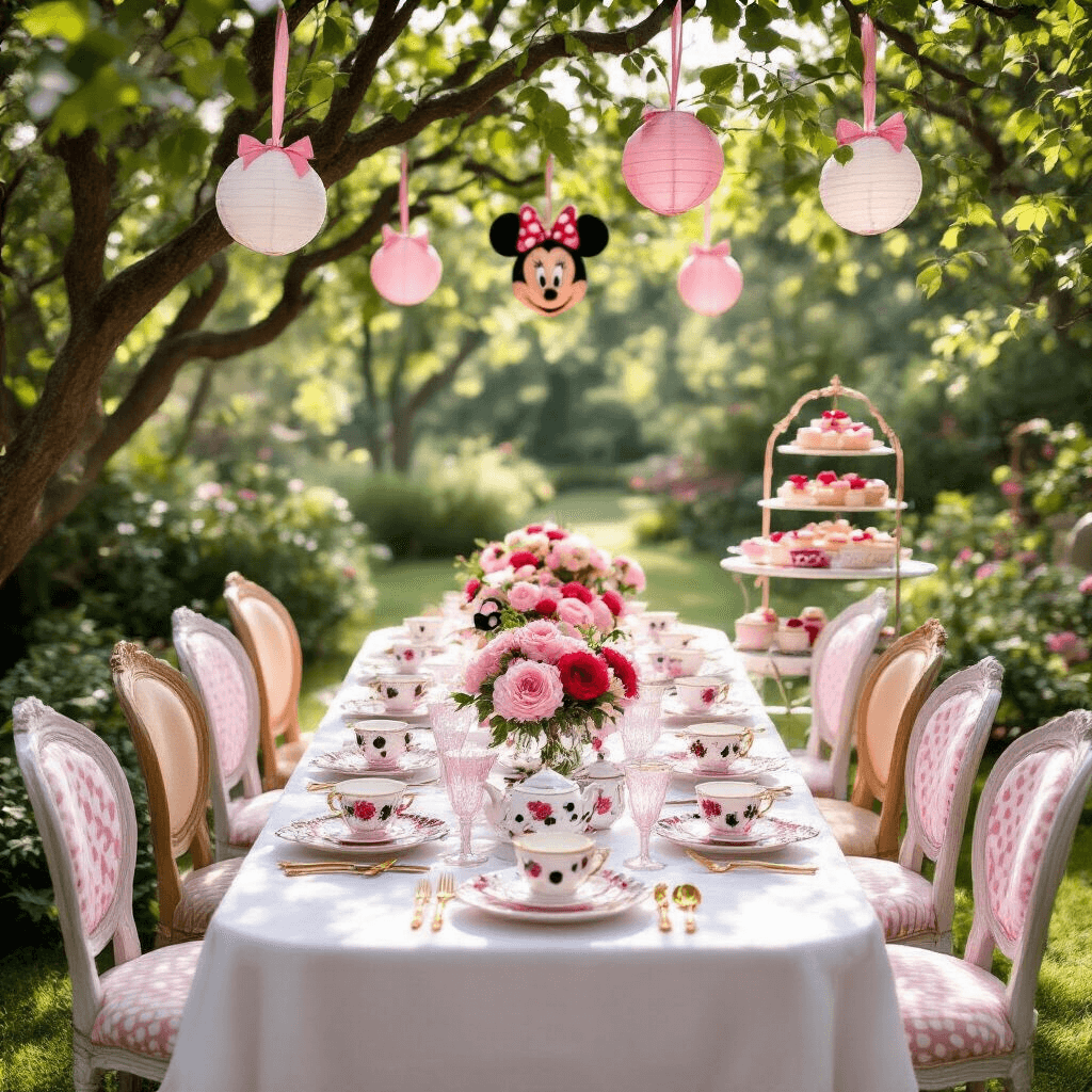 An enchanting garden party with subtle Minnie Mouse elements, featuring a long table adorned with floral china and gold cutlery, surrounded by vintage chairs, dappled sunlight, centerpieces of peonies and roses with polka dot accents, oversized Minnie bows hanging from trees, and a dessert cart with pink and white treats, including a mouse ear-topped naked cake.