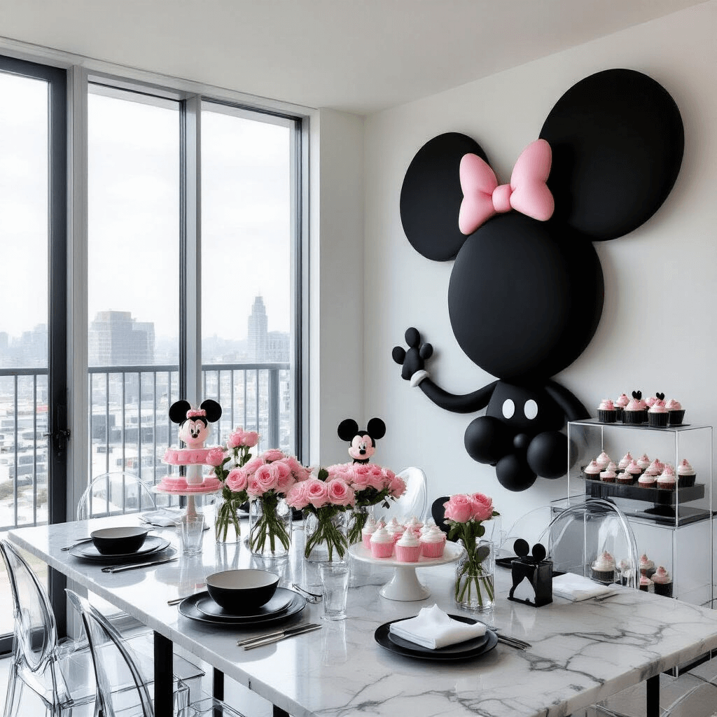 A modern, minimalist Minnie Mouse celebration in a sleek apartment with floor-to-ceiling windows, featuring a monochromatic color scheme of black, white, and pink, a giant Minnie silhouette balloon wall, a marble dining table with black plates and pink roses, Lucite ghost chairs, and a dessert station with themed geometric cakes and cupcakes. Subtle Mickey-shaped decor elements are visible, all captured in a wide-angle shot.