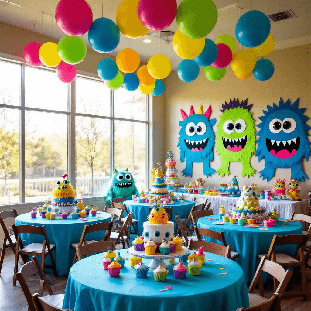 A vibrant indoor playroom transformed for a monster-themed birthday party, featuring neon balloon garlands, electric blue table linens, whimsical monster plush toy centerpieces, hand-painted monster cutouts, and a dessert table with a tiered monster-face cake and colorful cupcakes, all illuminated by soft morning light.