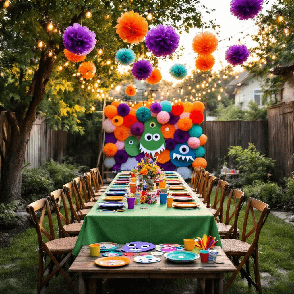 A cozy backyard birthday celebration featuring a long farmhouse table with a green tablecloth, mismatched plates, and handcrafted paper monster masks as place settings, all illuminated by warm golden hour light. Overhead, fairy lights and tissue paper pom-poms create a whimsical atmosphere. A DIY photo booth with a backdrop of colorful monster balloons and a craft supply station for decorating monster masks complete the playful scene.