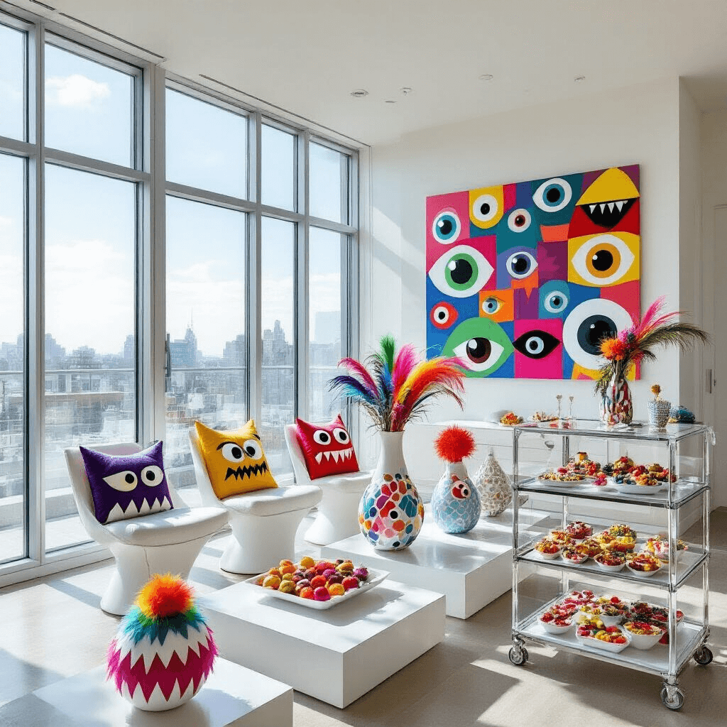 A chic modern apartment living room transformed into a playful monster party space, featuring colorful monster-themed decor, geometric vases with feathers and pom-poms, playful cushions, a collage of monster eyes, and a stylish dessert cart with themed treats.