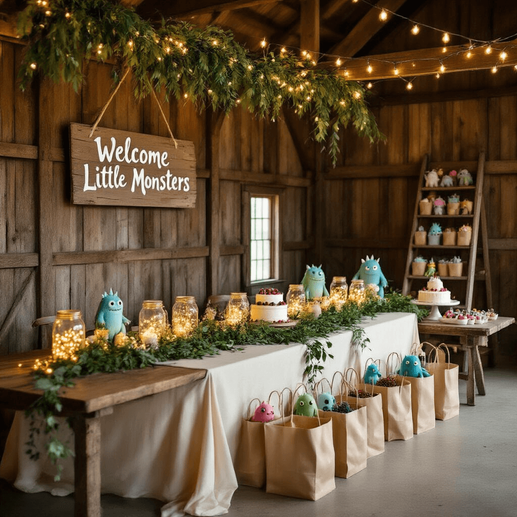 A cozy barn interior decorated for a monster-themed celebration, featuring string lights, wooden tables with cream linens, greenery garlands, whimsical monster figurines, and a welcome sign, complemented by a dessert table with a naked cake and playful decorations.