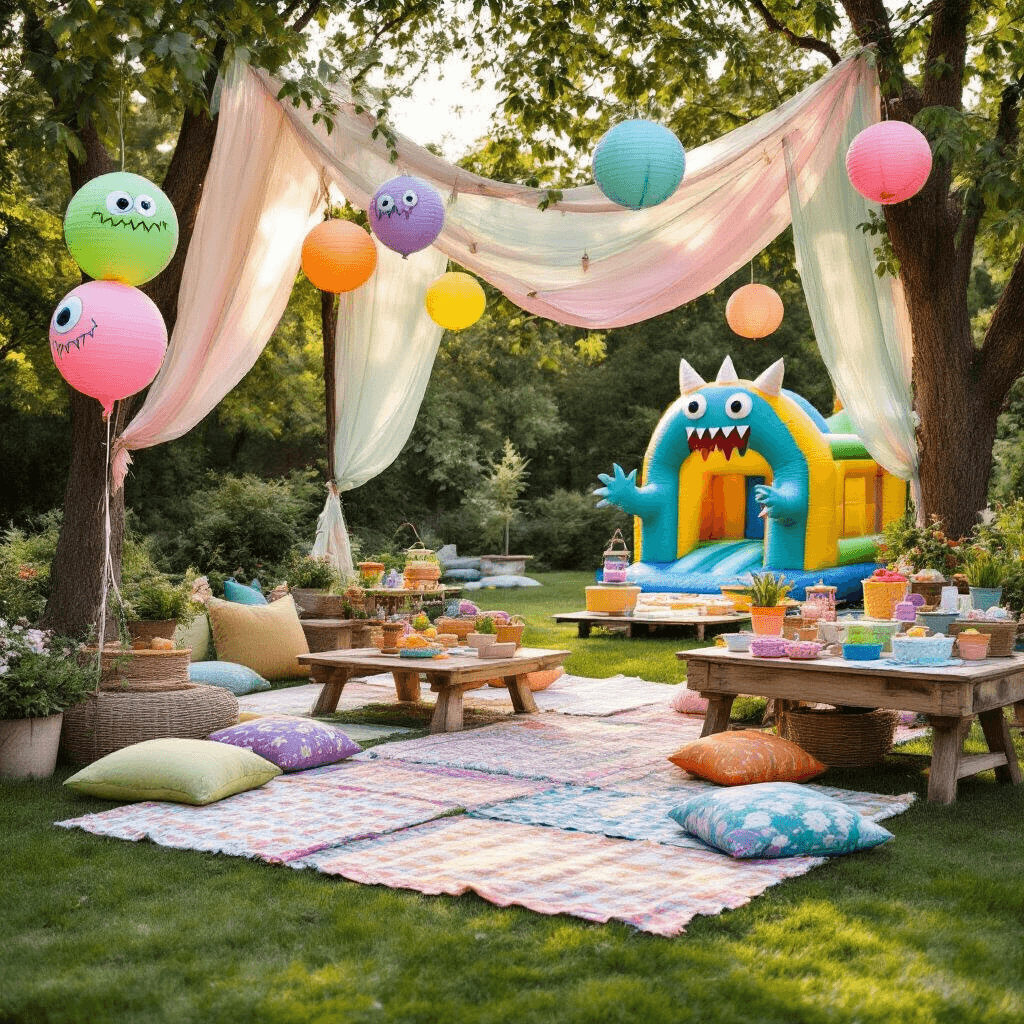 A vibrant outdoor garden party setup for a monster-themed celebration, featuring colorful picnic blankets, oversized pastel balloons with monster faces, a canopy of sheer fabrics adorned with lanterns, a DIY slime-making station, and a bounce house shaped like a friendly monster, all captured during the golden hour.