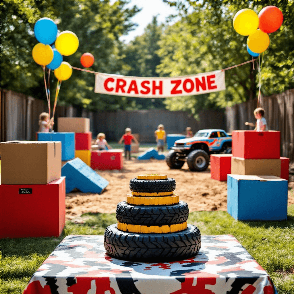 A sunlit backyard turned into a miniature monster truck arena with vibrant cardboard obstacles, yellow balloons, and a 'crash zone' banner, featuring a foreground table with a three-tiered cake resembling truck tires and excited children playing.
