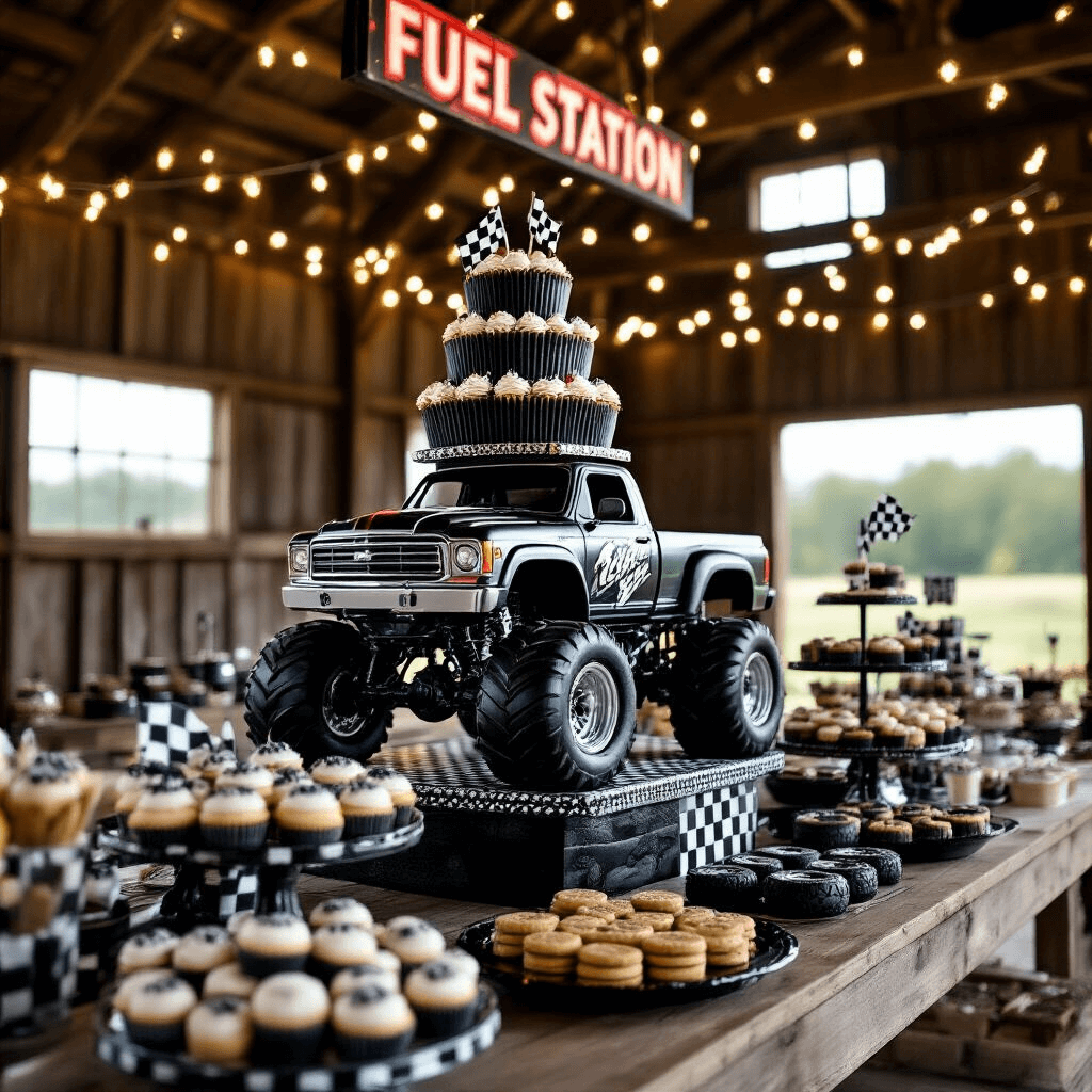 Close-up of a rustic barn dessert table featuring a towering monster truck cupcake display, surrounded by themed treats, with black and chrome accents, fairy lights, and a 'Fuel Station' sign.