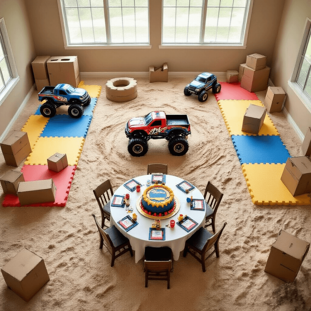 Overhead view of a transformed indoor play area for a monster truck party, featuring a sandy beige carpet, colorful foam crash zones, cardboard city obstacles, a monster truck-themed cake on a circular table, and personalized place settings with mini 'driver licenses'.