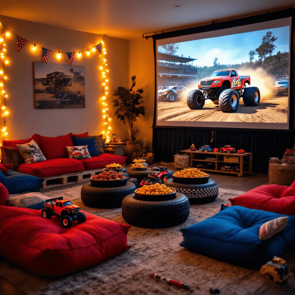 A cozy living room set up for a monster truck viewing party, featuring a large projector screen with monster truck action, warm string lights, snack tables with tire-shaped bowls, oversized floor cushions in red and blue, and toy trucks and racing flags as decor.
