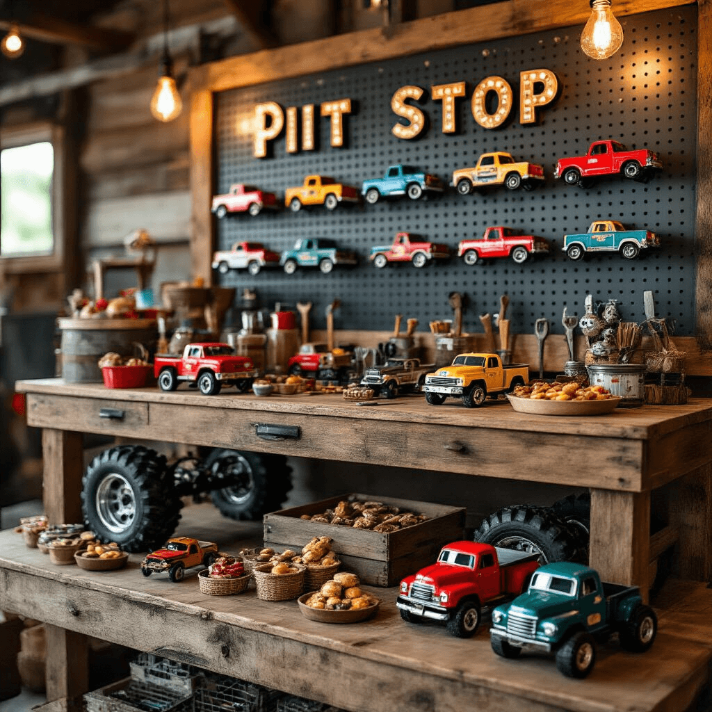 Detail shot of a themed 'Pit Stop' area at a monster truck party, featuring a vintage wooden workbench with decorative tools and party favors, toy trucks of varying sizes for visual interest, and a pegboard backdrop with truck-shaped name tags, all highlighted by moody lighting that accentuates the rustic wood and chrome elements.