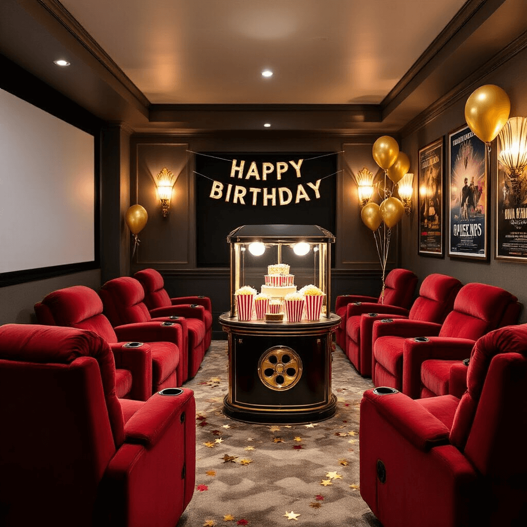 Lights, Camera, Celebration! Your Ultimate Movie Birthday Party Guide A luxurious home theater set up for a movie-themed birthday party, featuring plush red velvet recliners in a semicircle, a large projector screen, warm lighting, a popcorn bar with brass accents, movie posters, a 'Happy Birthday' banner, golden balloons, star-shaped confetti, and a film reel-shaped birthday cake on a rotating stand.
