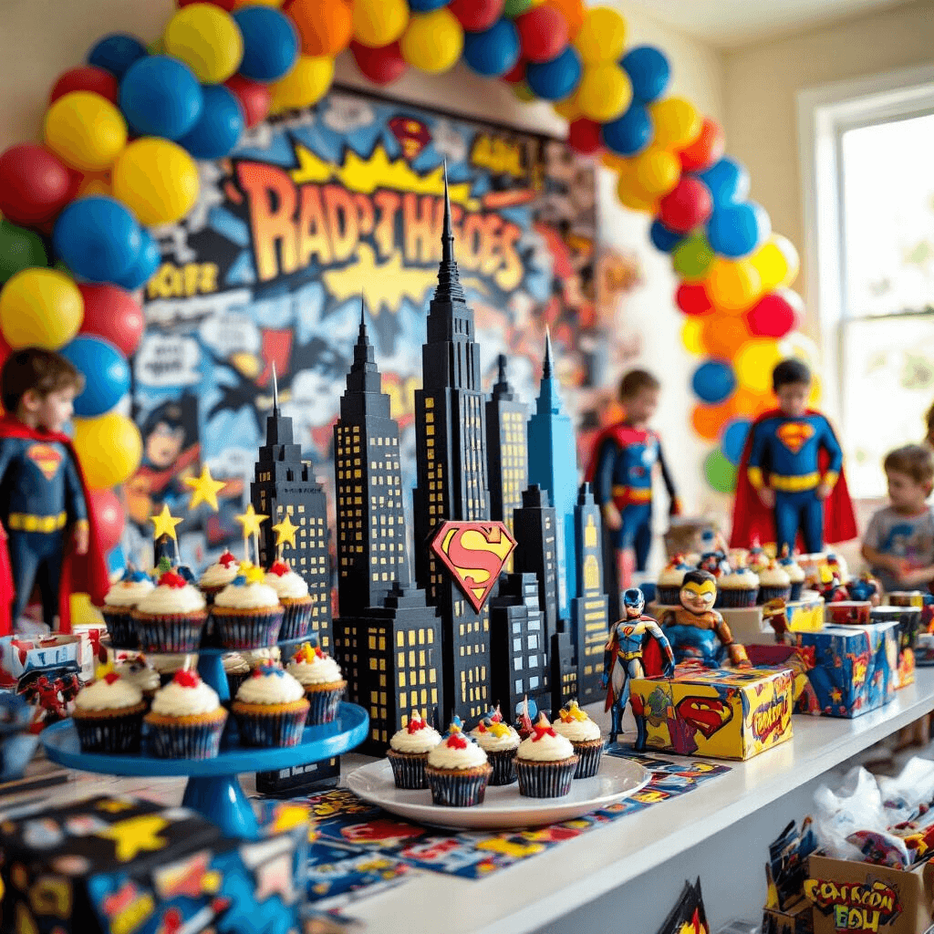 Lights, Camera, Celebration! Your Ultimate Movie Birthday Party Guide A whimsical kids' superhero party features a dessert table designed like a city skyline with skyscraper-shaped cake stands holding superhero logo cupcakes. A comic book page backdrop adds a dynamic feel, while colorful balloon arches frame the scene. Cardboard cutouts of popular heroes are present, and blurred kids in capes and masks engage in games in the background. Wrapped gifts topped with action figures complete the festive atmosphere, dominated by bright primary colors.